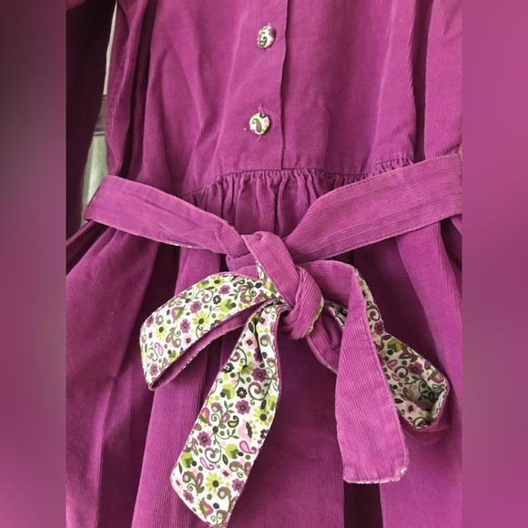 Purple mini-cord dress, green floral pattern on buttons, bow, & collar EUC - Picture 6 of 6
